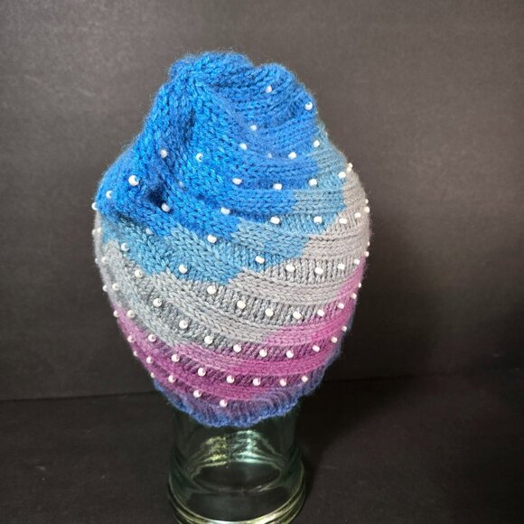 Handmade Knit Hat Faux Pearl Pink Blue Gray Swirl Design Warm Winter Wool Blend